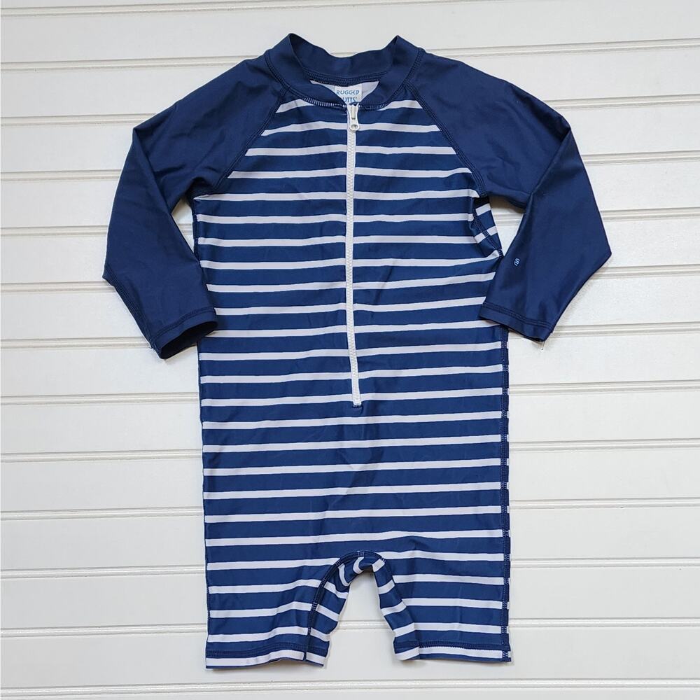 RuggedButts Boys Stripe Long Sleeve One Piece Swim Rash Guard Size 2T Blue White